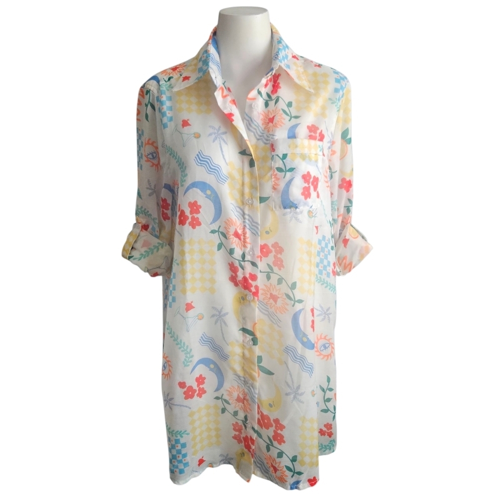 Blush Floral‎ Roll Tab Sleeve Size M See Through Artsy Teacher Cottagecore NWT